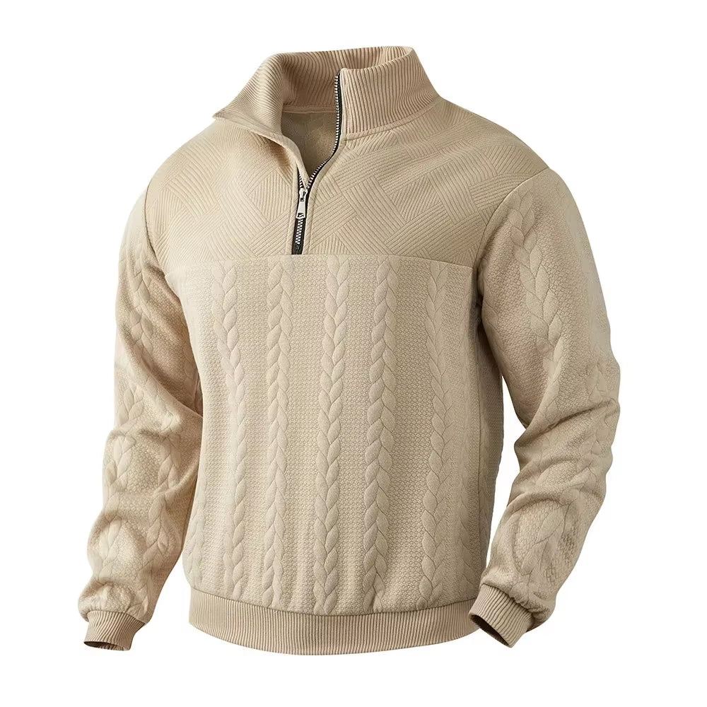 New Solid Jacquard Knitted Sweatshirts Men Half Zipper Stand Collar Hoodies Autumn Winter Male Casual Loose Knit Pullover Jacket